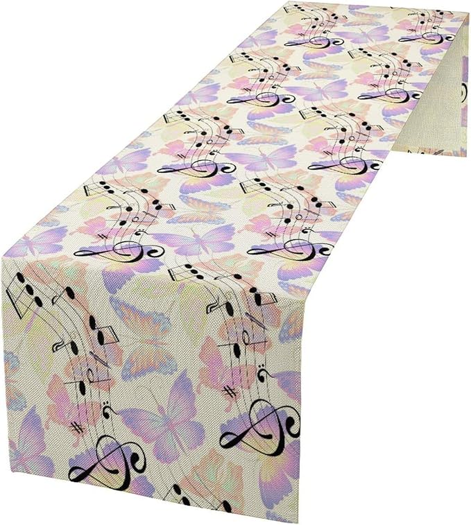 Music Butterfly Table Runner, Beautiful Musical Notes Spring Butterfly Background Print Table Runner for Holiday Kitchen Dining Outdoor Home Party 13x108in