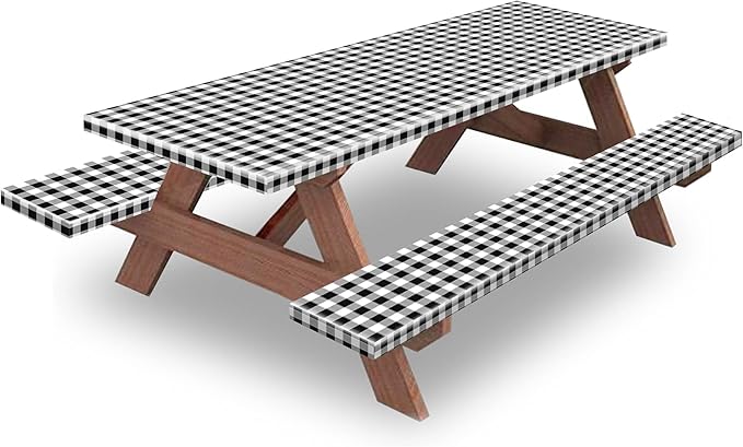 6ft Picnic Table and Bench Cover, Camping Essentials RV Gear, 72in Waterproof Windproof Outdoor Elastic All Around Tablecloth, Fitted Rectangle Tables and Seats, Black-White Checkered