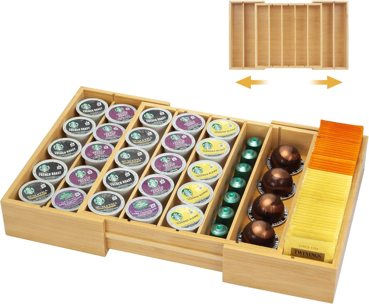 MinBoo Bamboo K Cup Holder for Drawer or Countertop Coffee Pod Holder Expandable K Cup Pod Storage Tea bag organizer K Cup Storage for Coffee Station