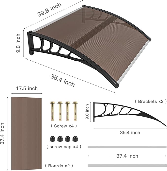 Simply-Me 40" x 40" Door Window Awning Polycarbonate Cover Front Door Outdoor Patio Awning Canopy UV Rain Snow Protection Hollow Sheet (Brown & Black Bracket)