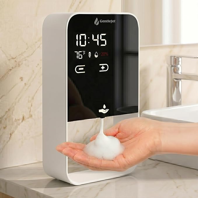 GentleJet EliteJet Automatic Foaming Soap Dispenser – Touchless Sensor, LED Display, 5 Foam Levels, Wall Mount or Countertop, Rechargable USB-C or Battery Powered, Aluminum Alloy, 480 ml Refillable
