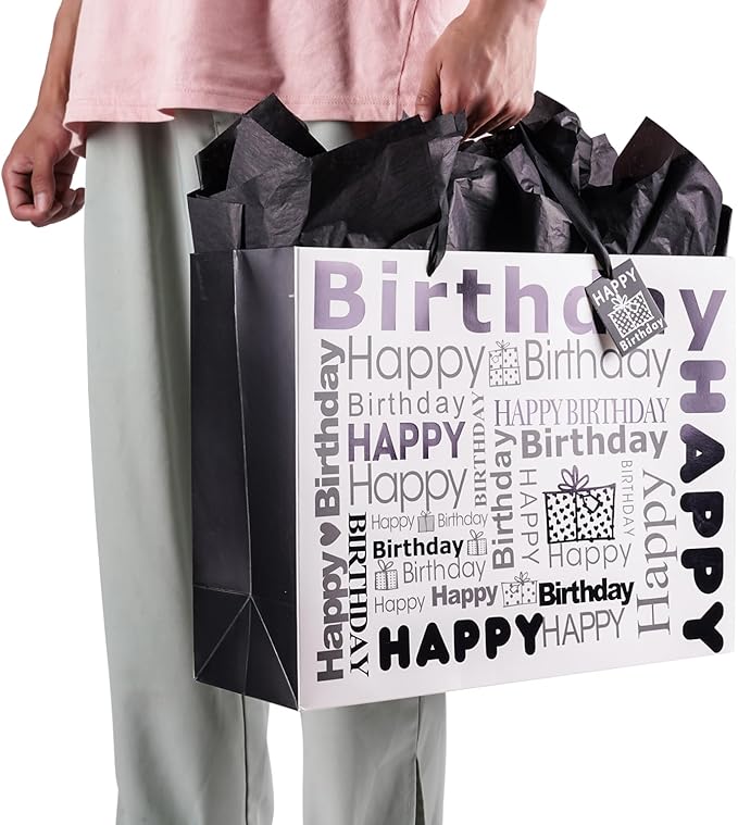 JWSCYSY White and Black 16" Extra Large Gift Bag with Tissue Paper and Card, Happy Bithday Gift Bag for Men Women Birthday - 16" x 12.2" x 5.5", 1 Pcs