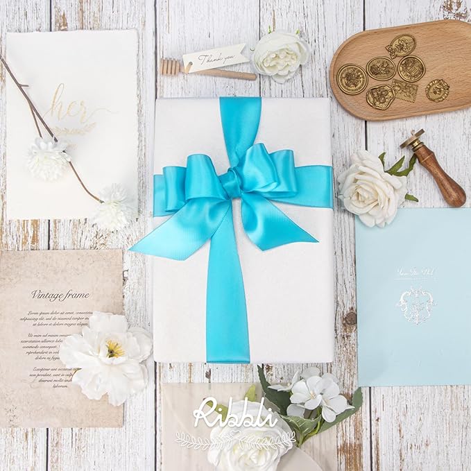 Ribbli Turquoise Blue Double Faced Satin Ribbon,1-1/2” x Continuous 25 Yards,Use for Bows Bouquet,Gift Wrapping,Wedding Decoration