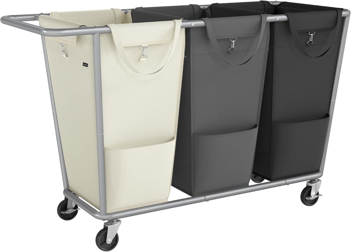 SONGMICS Laundry Basket with Wheels, 76.6 Gallons (290 L), 3-Section Rolling Laundry Hamper with Removable Bags, Heavy-Duty Steel Frame with Handle, Cream White, Dark Gray and Ink Black URLS010X01