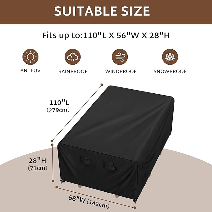 iBirdie Outdoor Patio Furniture Set Covers 110 x 56 inch fit 4 x 9 ft, 56, 54, 52 inch Wide, 110, 108, 106 inch Long Outside Dining Table and Chairs, Waterproof Weatherproof Cover, Heavy Duty 600D