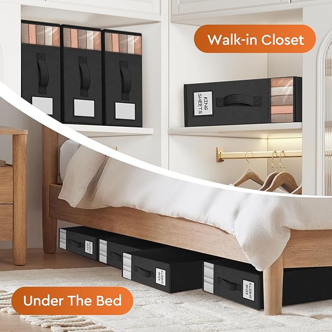 StorageTastic 8 Pack Bed Sheet Closet Organizers and Storage,Sturdy Foldable Storage Containers with Window and Label,Storage and Organization for Bedding Sheets,Duvet Covers,Blankets (Black)