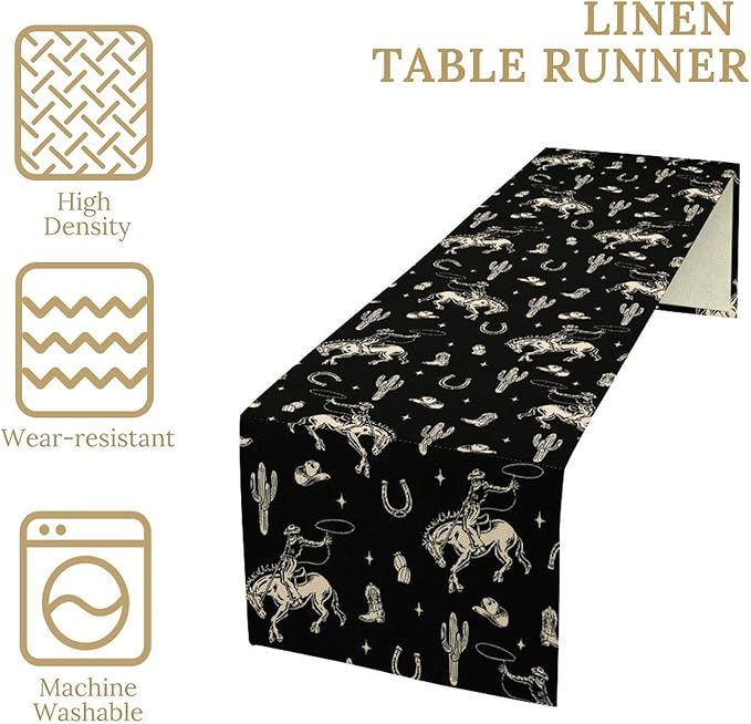 Vintage Western Cowboy Table Runner, Wild West Cowboy Riding Horse Desert Cactus Themed Table Runner for Home Kitchen Dining Party Farmhouse Cafe Outdoor 13x60in