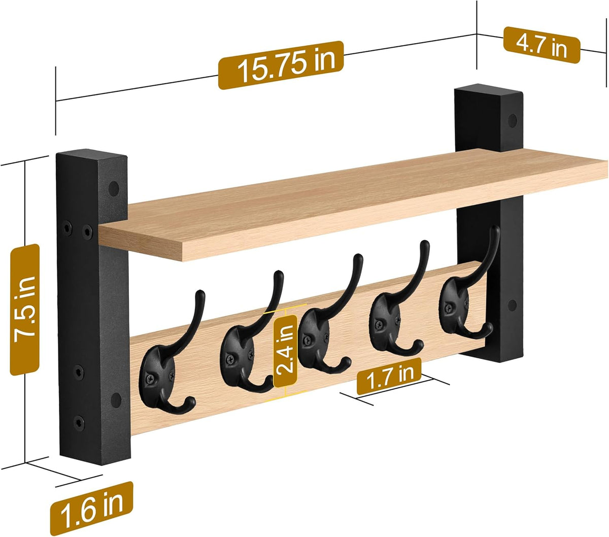 Sorbus Coat Hooks Wall Mount with Shelf – 16 Inch Coat Rack Wall Mount with 5 Heavy Duty Hooks – Floating Wall Shelf with Hooks for Entryway