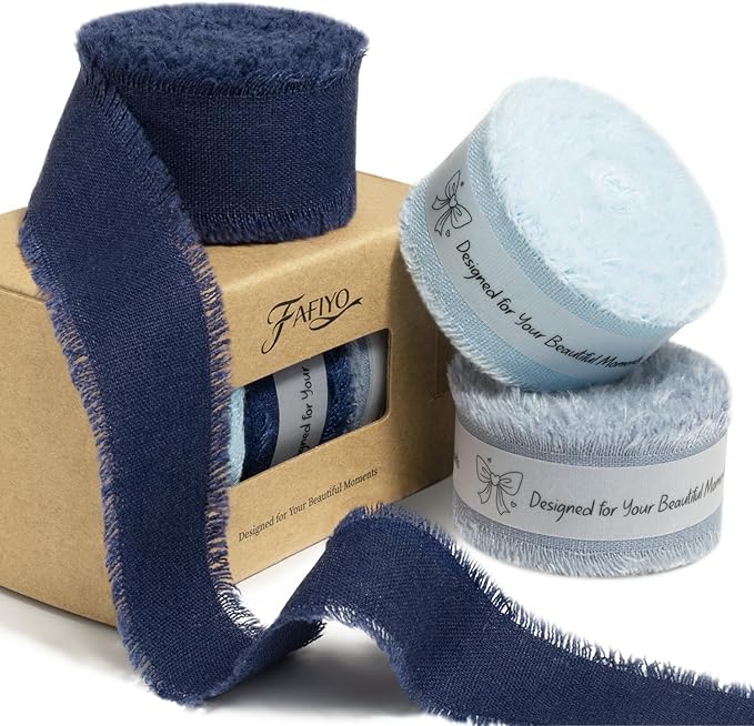 Dark Blue Cotton Ribbon 1 Inch Navy Blue, Dusty Blue & Baby Blue 3 Rolls 21 Yards Frayed Edge Fabric Set for Formal Wedding Decor, Graduation Party, Father's Day, Gift Wrapping & DIY Crafts