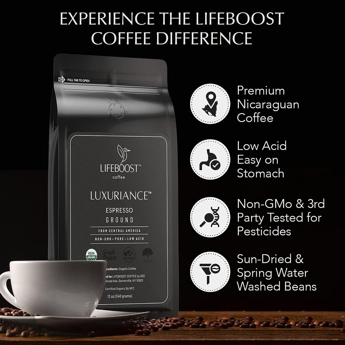 Lifeboost Organic Espresso Ground Coffee - Non-GMO Low Acid Single Origin USDA Shade Grown Organic Espresso Coffee - Third Party Tested For Mycotoxins &amp; Pesticides 12oz Bag