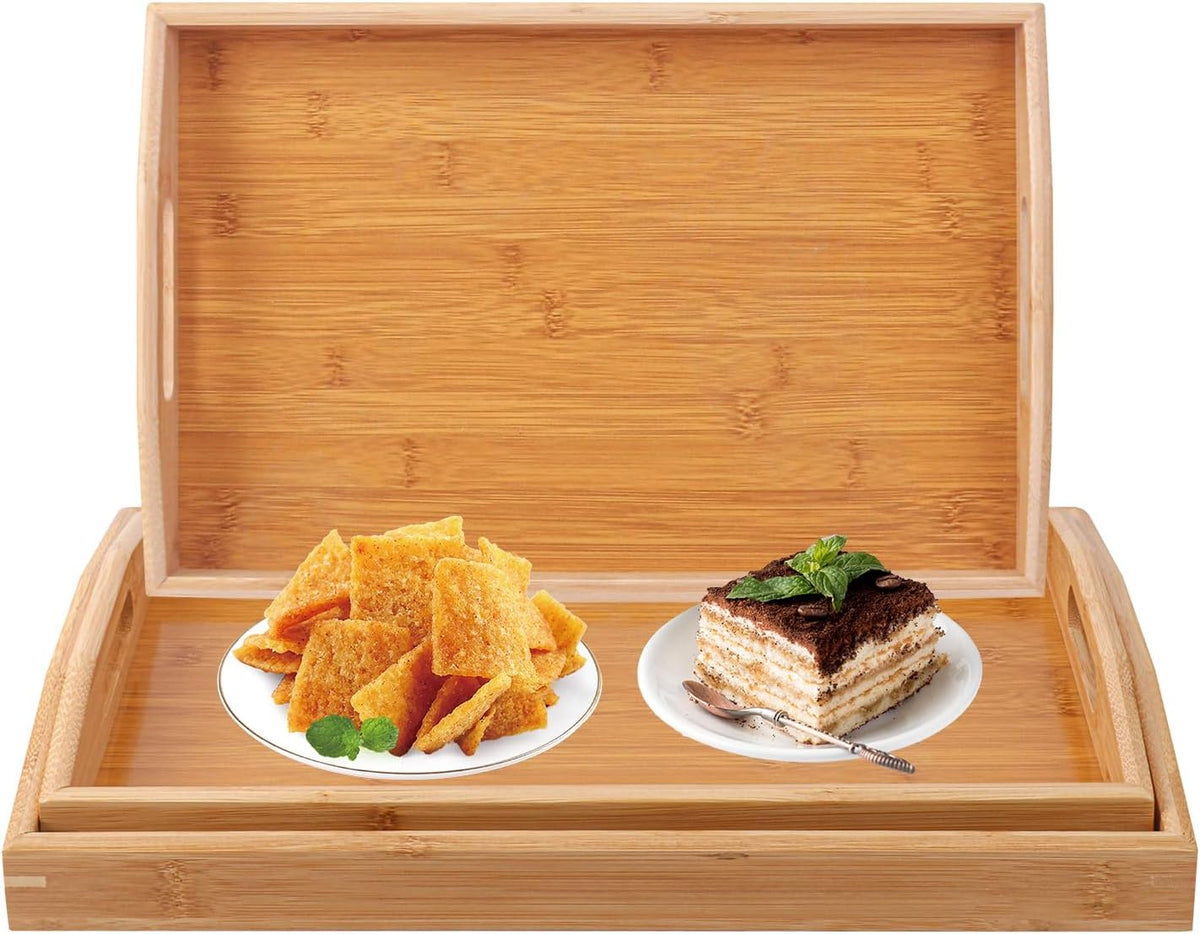 3 PCS Bamboo Serving Tray, 3 Size Nested Breakfast Bed Tray with Handle, Wood Serving Tray for Serving, Breakfast Bed Trays for Eating, Decor