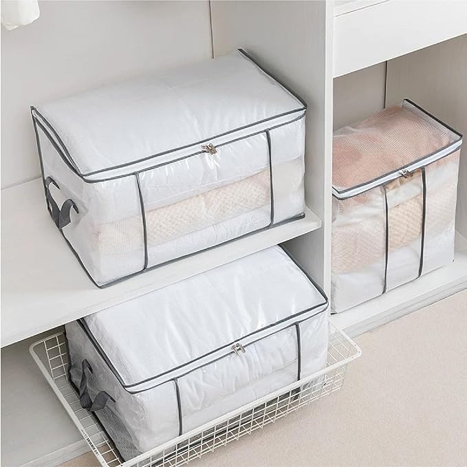 3 Pack 80L Large Clear Comforter Storage Bags,Clothes Storage Bins Foldable Closet Organizer Storage Containers and for Clothes, Blanket, Bed Sheets,Toys, Pillows(Gray)