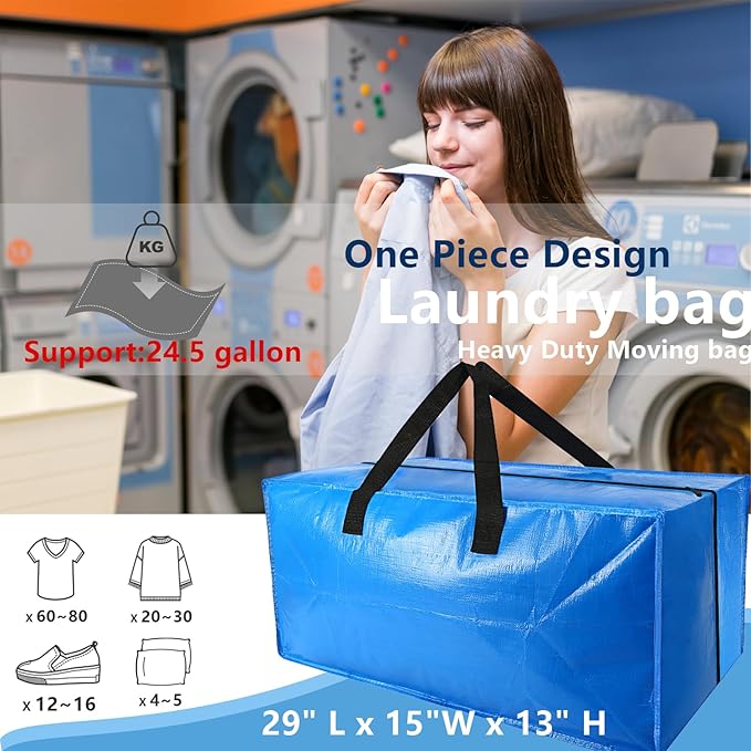 8 Pack Heavy Duty Extra Large Moving Bags Storage Tote - Strong Handles& Backpack Straps - Space Saving Storage Bags Alternative to Moving Boxes and Bins,Compatible with Ikea Frakta Cart, Blue