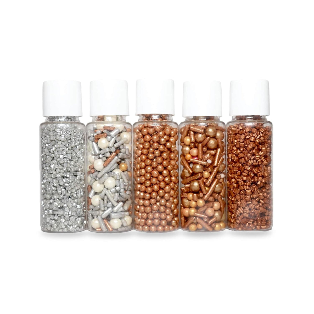 Confect Sprinkles for Cake & Cupcake Decoration | Pack of 5 Party Sparkle Sprinkles | Champagne Gold Pearl | Sliver & Bronze Jimmies Sliver Sparkling Sugar | Vegan, Gluten-Free, Nut-Free, Soy-Free, Dairy-Free, Palm Oil-Free - 5 Oz