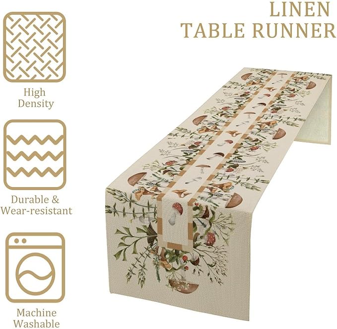 Wild Mushroom Table Runner, Retro Floral Plants Botanical Print Table Cover for Kitchen Dining Table Wedding Home Party Decor, 13x60inch