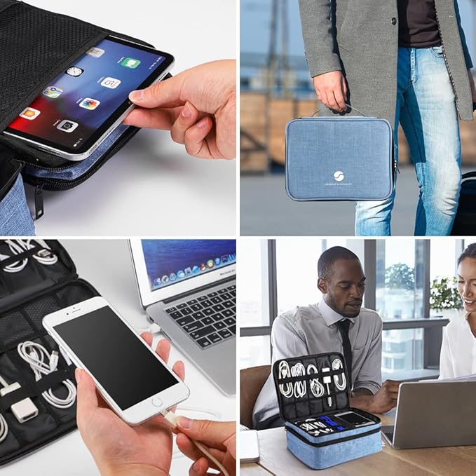 Travel Electronics Organizer, Waterproof Cable Organizer Bag for Electronic Accessories Double Layer Large Shockproof Cable Storage Bag for Cord, Power Bank, Tablet(Up to iPad 11 inch) - Denim blue