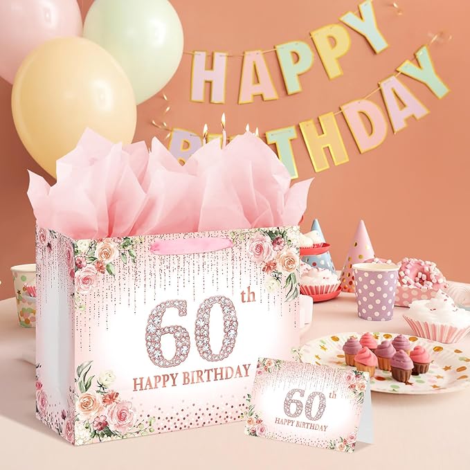 Laidans Rose Gold 60th Happy Birthday Gift Bag with Tissue Paper and Card for Women Party Supplies (Rose Gold) (60th)