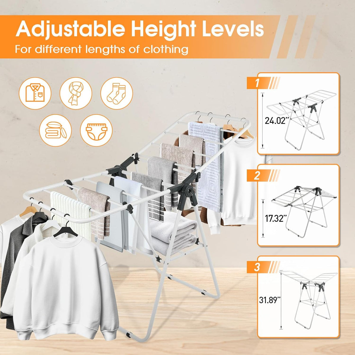 Clothes Drying Rack, Metal Foldable Laundry Drying Rack, with Adjustable Height Levels Wings, Space Saving, Indoor Outdoor Use