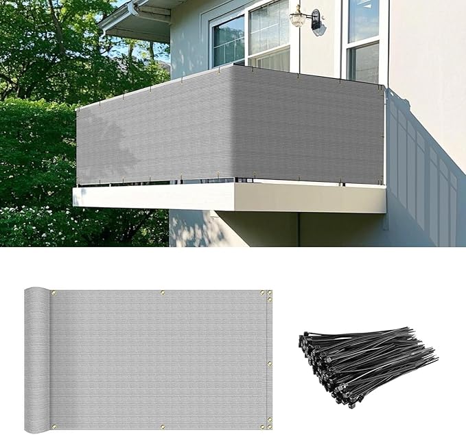 2.5' x 202' Balcony Privacy Screen Fence Cover with Zip Ties Grommets for Apartment Patio Porch Deck Backyard Outdoor (Gray)