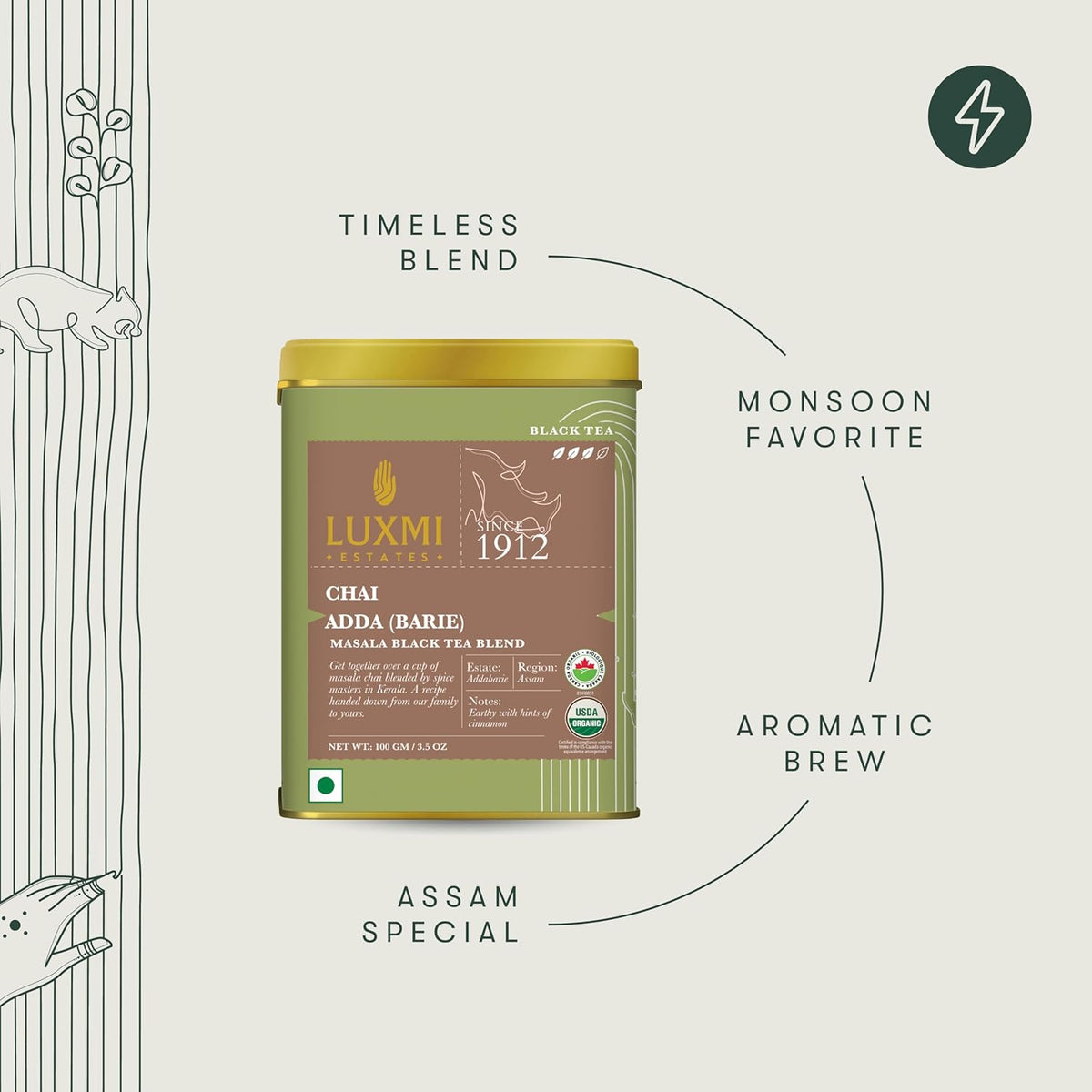 Luxmi Estates Chai Adda-Bari 100gm Tin, Masala Chai, Certified Organic Black Tea