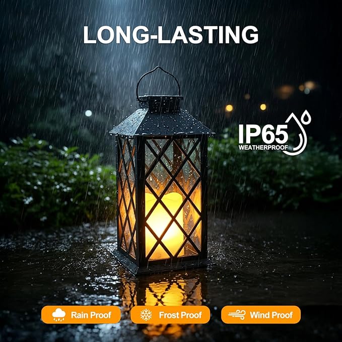 Solar Lanterns Outdoor Waterproof - 2 Pack 14" Large Hanging Solar Lantern with Glass Flickering Flame, IP65 Weatherproof Decorative Lanterns for Garden, Patio, Yard, Porch, Balcony, Gifts Mom Wife