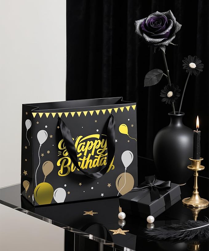 Black Birthday Gift Bag for Men – 12.5 Inch Medium Size with Tissue Paper and Greeting Card – Perfect for Boyfriend, Husband or Dad (1 Piece, Foil Stamping)