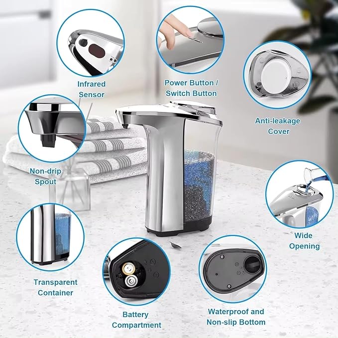 Automatic Soap Dispenser, Touchless Dish Soap Dispenser 17oz/500ml with USB Rechargeable Battery Infrared Sensor, 5 Adjustable Soap Levels, Liquid Hand Soap Dispenser (Silver, 17oz/500ml)