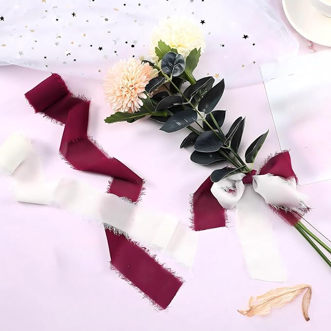 6 Rolls Handmade Fringe Chiffon Silk Ribbon 1.5" x 3 Yd Colorful Ribbon for Wedding Invitations, Bridal Bouquets, Gifts Wrapping, DIY Crafts (Red and Green Set)