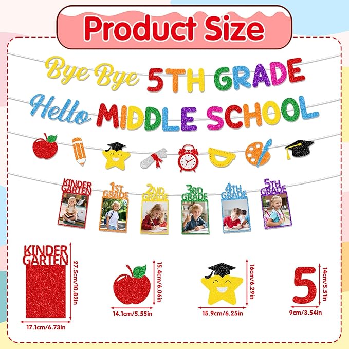 5th Grade Graduation Decorations - 4PCS Bye Bye 5th Grade Graduation Glitter Banners Photo Banner Decor, Colorful Primary Elementary School Congrats Grad Party Supplies (No-DIY)
