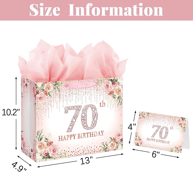 Laidans Large Pink 70th Happy Birthday Gift Bag with Tissue Paper and Card for Women Party (Rose Gold) (70th)