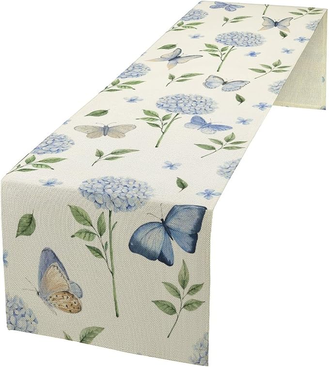 Hydrangea Butterfly Table Runner, Seasonal Spring Summer Table Runner for Holiday Kitchen Dining Home Party Outdoor 13x108in