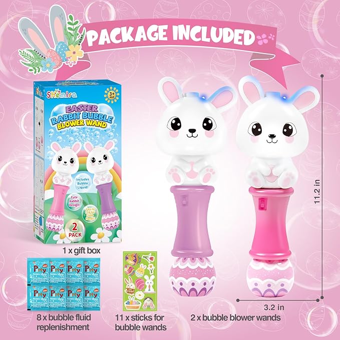 Shemira 2 Pack Bubble Wands for Kids, 11.2 inches Automatic Bubble Blower with Light, Bubbles Maker Toys with 4 Solution Sticker, Bunny Bubbles Wand for Girls, Summer Outdoor Indoor Activity