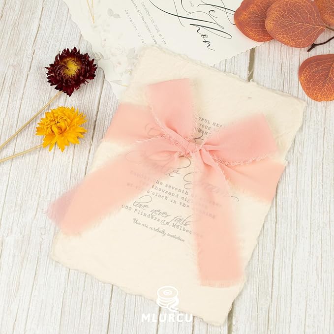 Blush Rose Chiffon Ribbon - 1.5 Inch x 21 Yards, Frayed Silk Boho Ribbon for Gift Wrapping, Wedding Invitations, Bridal Bouquets