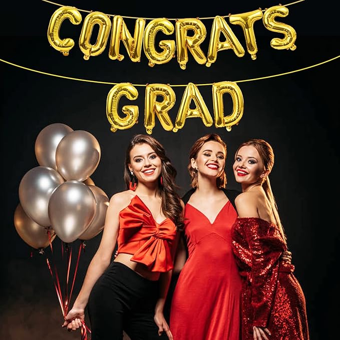 Congrats Grad Balloons Banner Gold 16 Inch Foil Letter Graduation Balloons Congratulations Banner for Class Of 2025 Graduation Party Decorations