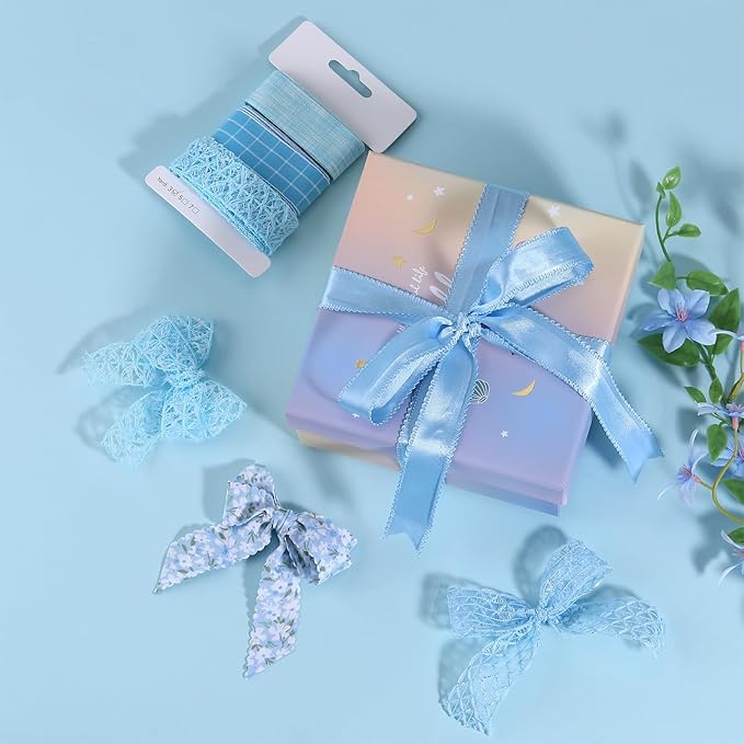 BEEFLYING 3 Styles Light Blue Wire Edged Polyester Ribbons for Gift Wrapping Decoration 25~28mm×2.7m Organza Lace Fabric Ribbons for Wedding Party HairBows,Flower Designs Sewing and Craft, 9 Yards