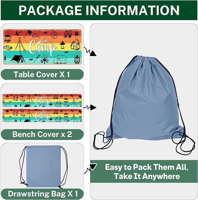 Picnic Table Cover with Bench Covers Elastic Edges, Rainbow Wood Camper Fitted Table Cover, Outdoor Patio Camping Essentials 72 Inch 3PCS, Waterproof Camping Fitted Tablecloth with Drawstring Bag