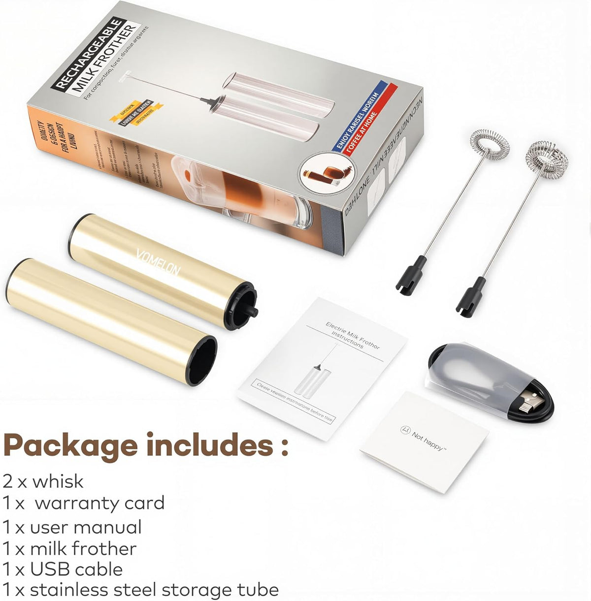 Rechargeable Milk Frother Handheld Electric Frother Wand Milk Foamer Drink Mixer for Coffee, Lattes, Cappuccino, and Egg