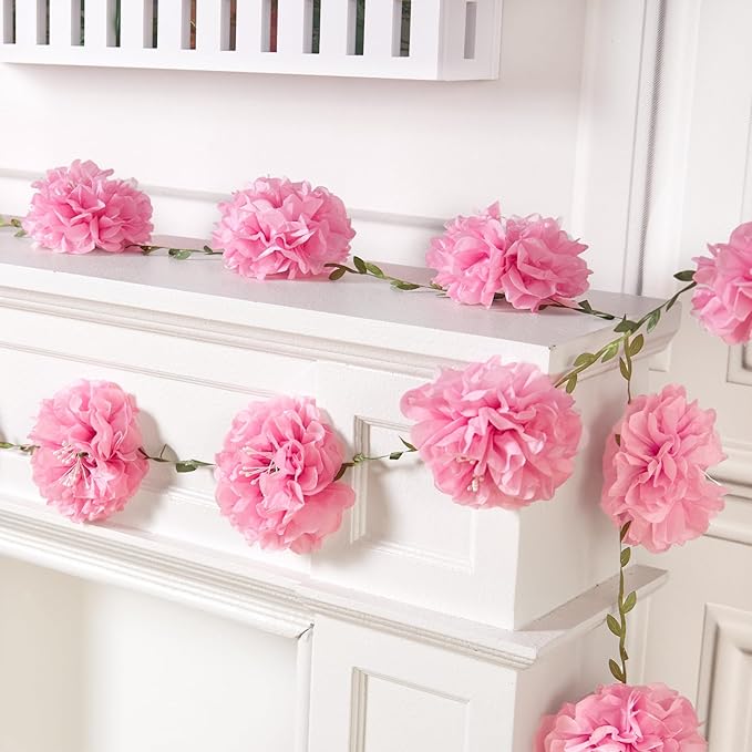 Pink Tissue Paper Flowers Pom Pom Spring Garland （2PCS） Hanging Decor Pink Party Decorations for Women Girls Birthday Bachelorette Baby Shower Wedding Party Supplies