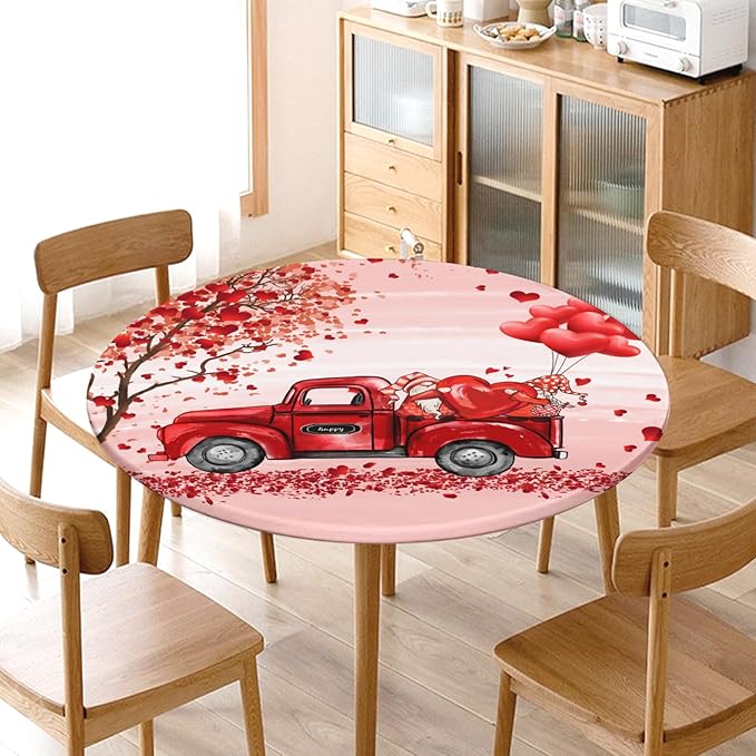 Valentines Day Round Fitted Tablecloth with Elastic Pink Red Heart Circle Table Cloth for 44-48" Round Tables Wipeable Waterproof Washable Gnome Truck Valentine Table Cover for Dining Picnic Party