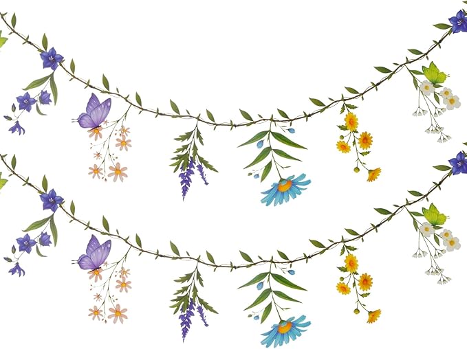 2 Pack Wildflower Garland Set, Pre-Strung Waterproof Spring Floral Garland for Wildflower Baby Shower Decorations, Bridal Shower Flower Birthday Spring Garden Tea Party Decor (160in Total)