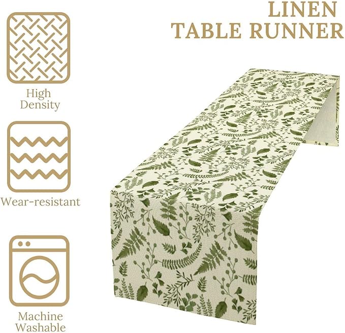 Green Leaves Table Runner,Spring Summer Herbs Botanical Natural Plants Print Table Runner for Kitchen Dining Table Farmhouse Home Party Decor 13x70in
