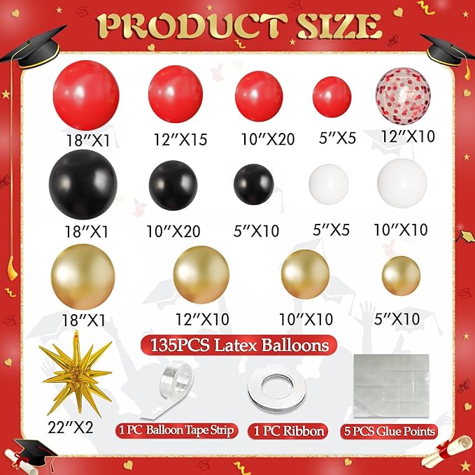 Black Red Gold Balloon Arch Kit Graduation Decorations 2026, 130Pcs Red Gold White Balloons and Foil Star Balloon with Confetti Ribbons Grad Party Decorations for College High School Class of 2026