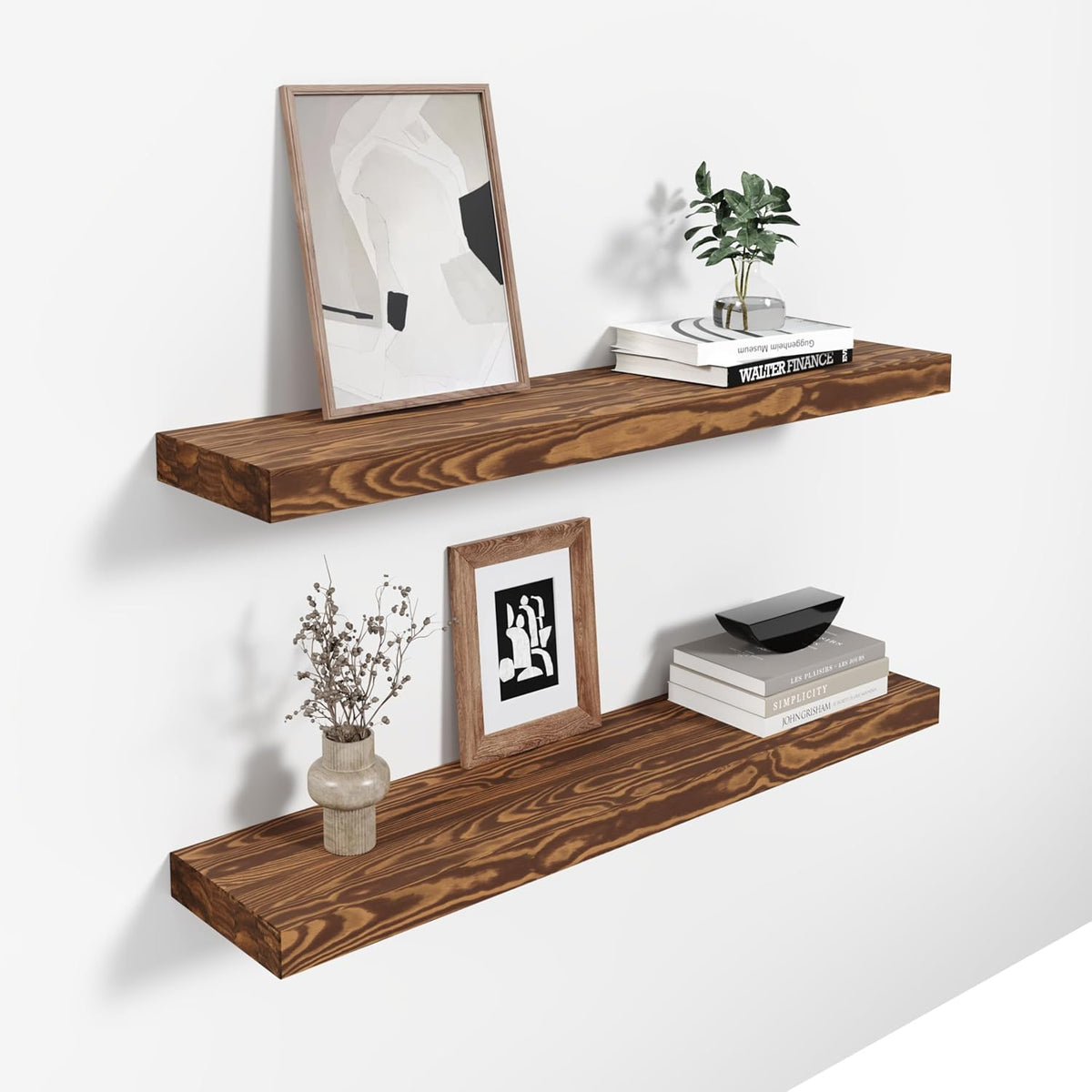 36'' Pine Wood Floating Shelves for Wall- Set of 2 - Rustic Wall Mounted Wooden Shelf for Stylish Home Décor (Dark Brown, 36x6.5x1.25)