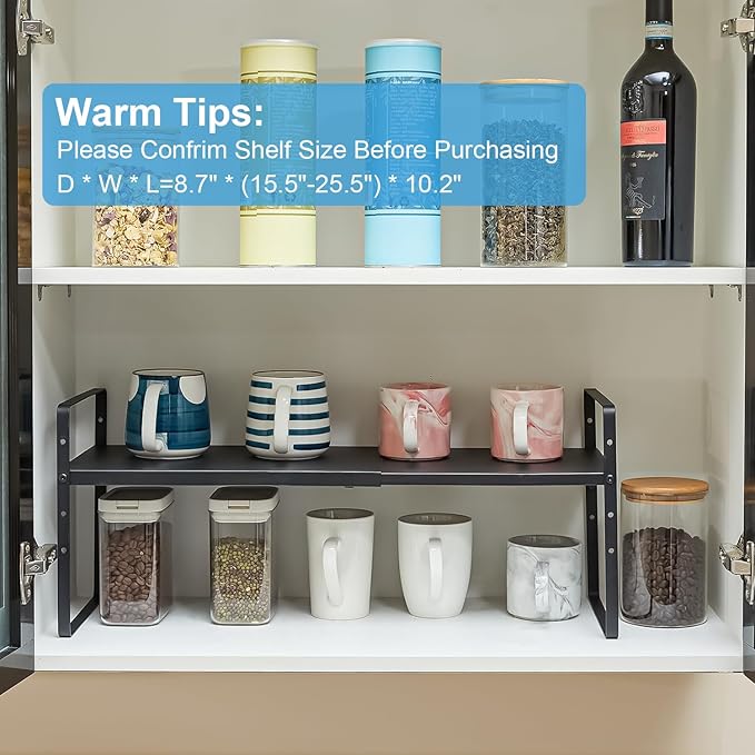 15.5 to 25.5 Inch Expandable Kitchen Cabinet Organizer Shelf, 2 Pack 30 LBS Heavy Duty Adjustable Kitchen Counter Storage Shelves Organizers,Stackable Small Storage Shelf Rack For Cabinet Cupboard