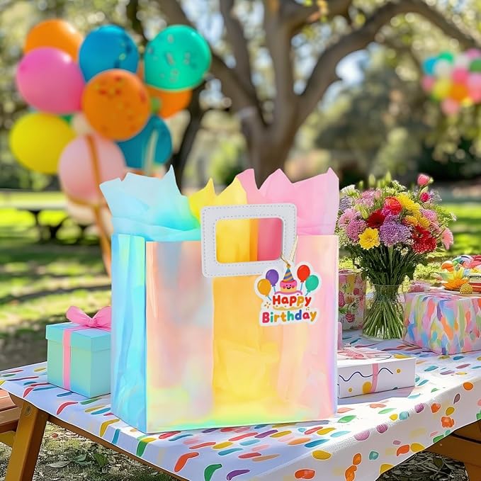 VUOJUR 11'' Medium Birthday Gift Bag with Tissue Paper and Happy Birthday Gift Tag for Girl Colorful