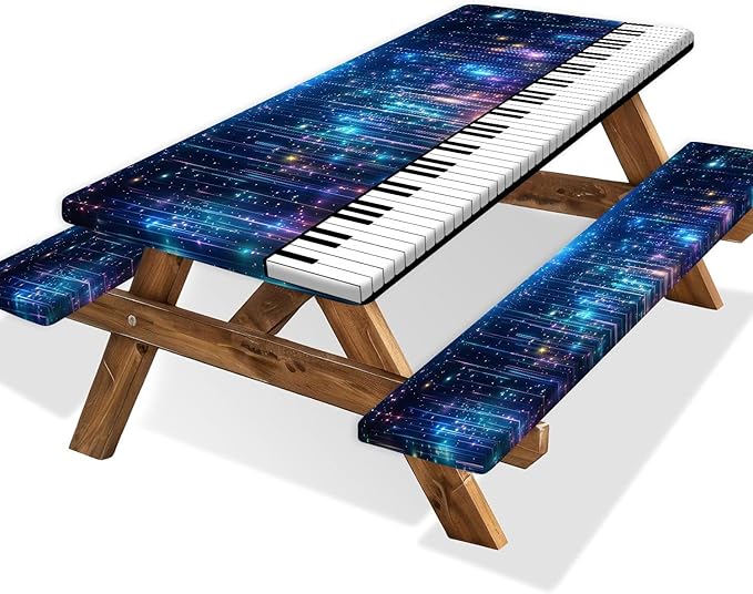 Piano Keyboard Picnic Table Cover with Bench Covers, Camping Essentials, Music Themed Waterproof Windproof, Fitted Tablecloth Cover with Elastic Edge, for Outdoor, Garden, 3 PCS, 30x60 Inch