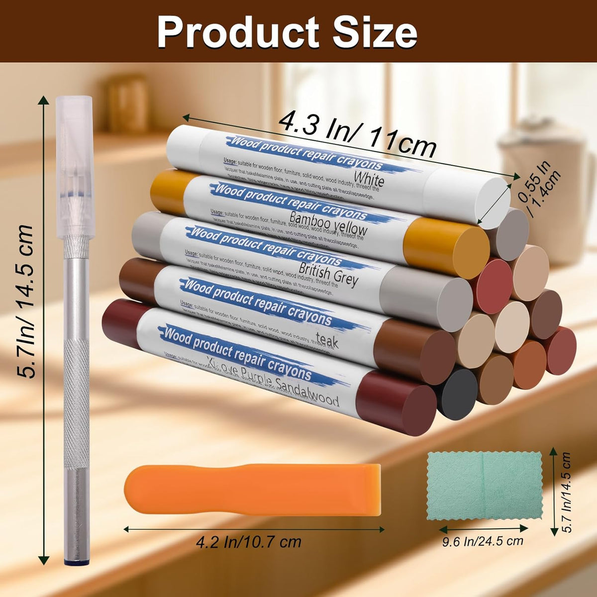 16+4P Wood Filler Sticks with 1P Box, 1P Knife, 1P Scraper and 1P Rag, Pletpet 16 Color Furniture Crayon Touch Up Wood Filler Nail Hole Wax Sticks for Repairing Scratches and Nail Holes (16p)