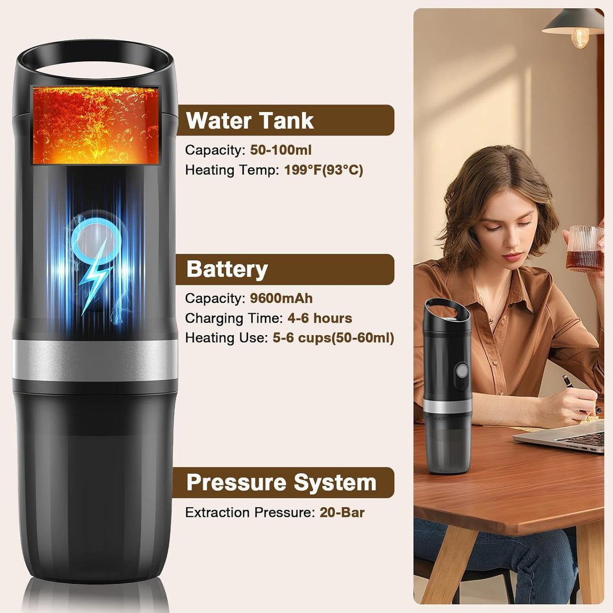 3-in-1 Portable Coffee Maker Fits For Ground Coffee & Capsule Pod(NS&DG),9600mAh&20Bar Mini Battery Espresso Machine For Camping, Office, RV, Travel