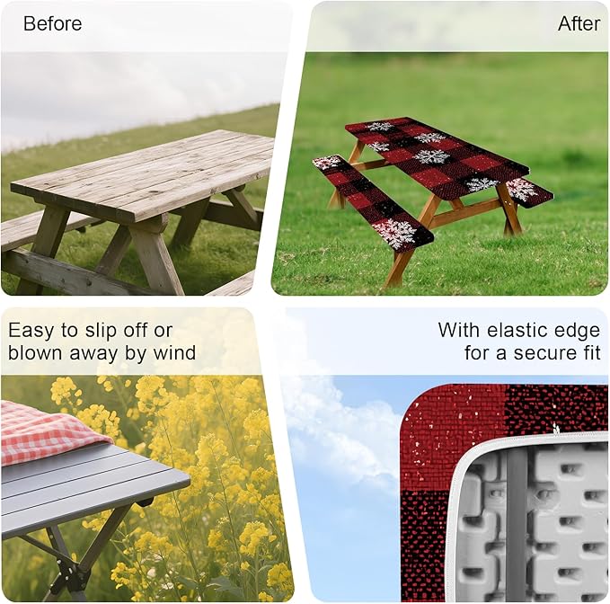 ANNA QUEEN 6FT Winter Christmas Snowflakes Picnic Table Cover with Bench Covers Picnic Table Cover Set 3PCS 72"x30", Waterproof Outdoor Bench and Tablecloth Furniture Protection for Camping
