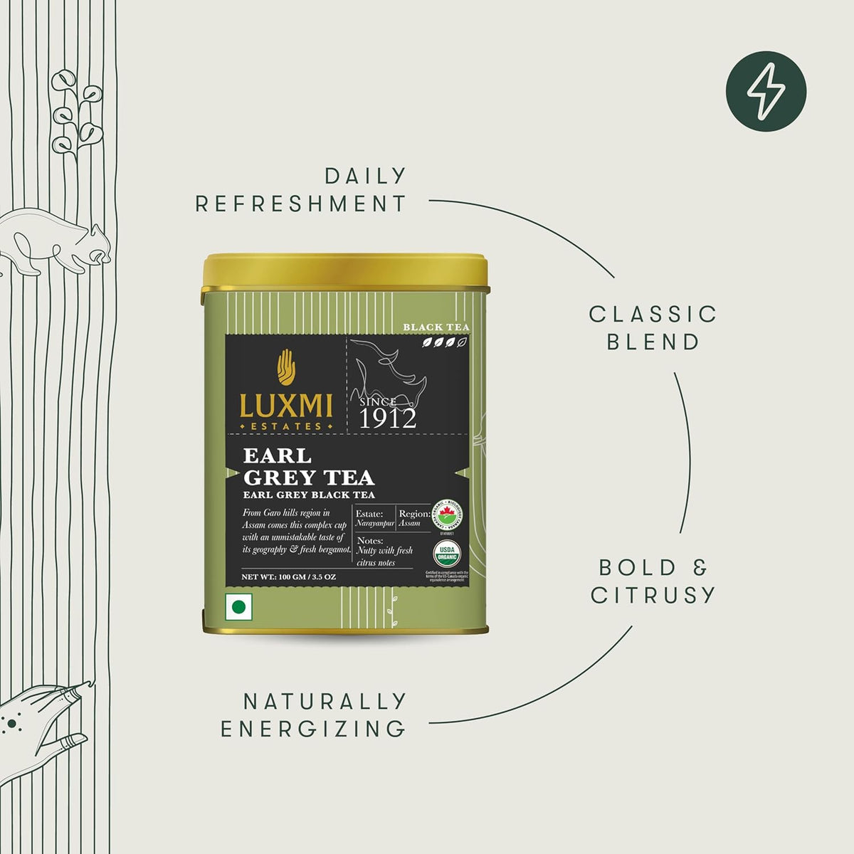 Luxmi Estates Garo Hills Earl Grey Tea 100gm Tin, Certified Organic Black Tea